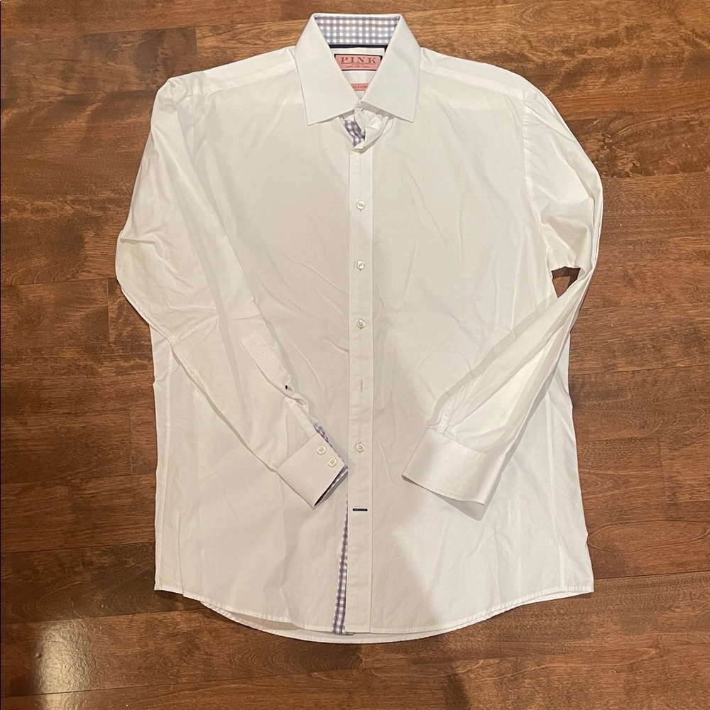 Thomas Pink White Dress Shirt with Checkered Accents